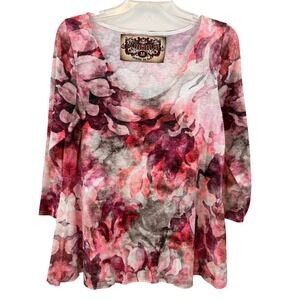 Amma Made in LA Tunic Top Women's Size M Pink Floral Blouse USA 3/4 Sleeve
